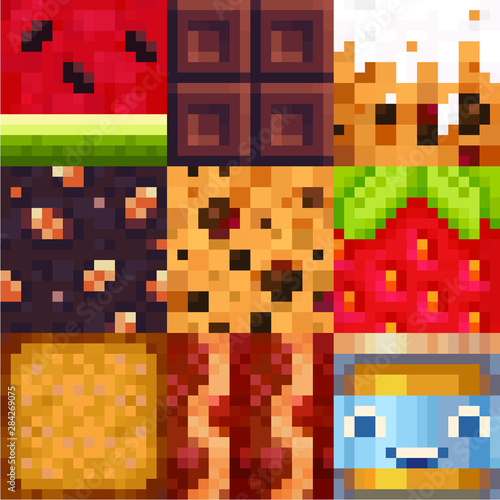 Food tiles, chocolate bar with nuts and fruits strawberry watermelon, cookie, pixel art style abstract pattern texture pixel art background. Game design. Isolated vector 8-bit illustration.  