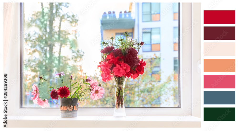 Fototapeta premium Autumn window. Autumn bouquets of flowers, cosmea, asters, geranium in fall winter 2019 2020 colors on the windowsill