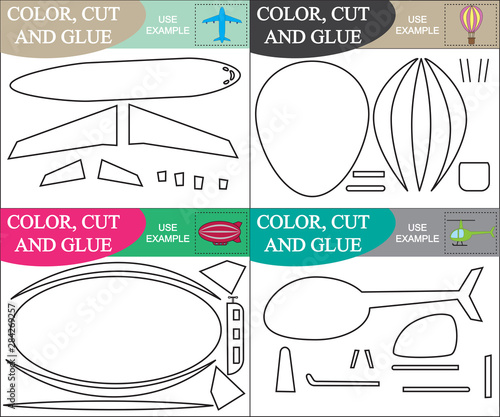 Air transport. Set of games for children, cut and glue, coloring book. Vector illustration.