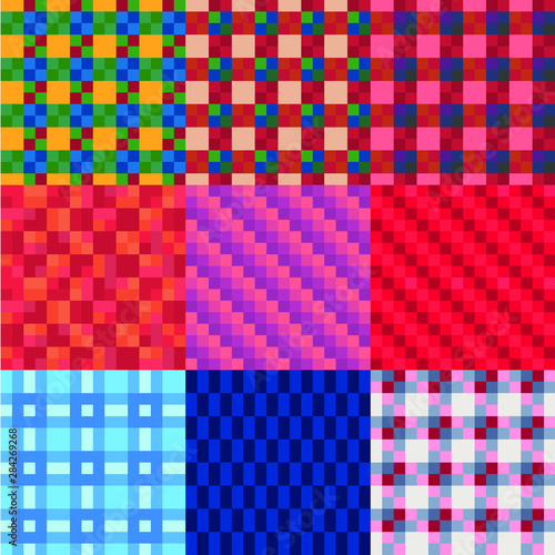 Fabric textures set abstract seamless pattern texture pixel art background. Knitted design. Isolated vector 8-bit illustration.