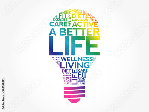 A Better Life bulb word cloud, health concept background