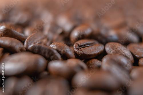 Coffee beans close up. Coffee production industry concept