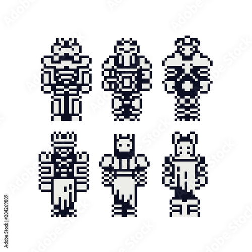 Abstracts black and white sci fi pixel art characters low poly pixel art icons set.  Video game character, fantastic creatures, Design for logo, sticker and mobile app. Isolated vector illustration. 