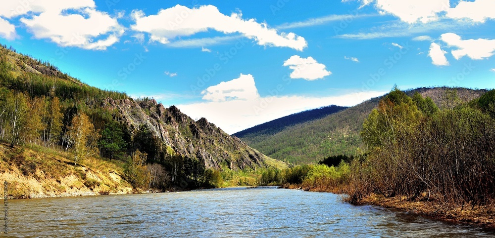 Mountains, river, landscape, nature, forest, summer, trees, panorama Mountains, river, landscape, nature, forest, summer, trees, panorama