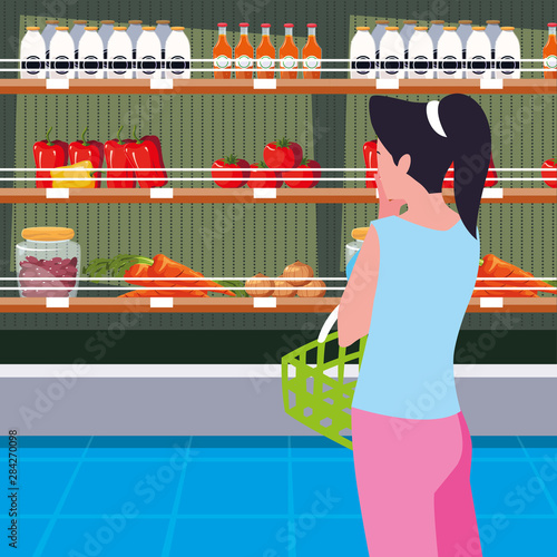 buyer female with store wooden shelving with vegetables