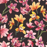 Seamless pattern of yellow, rose orchid flowers and leaves on dark background.