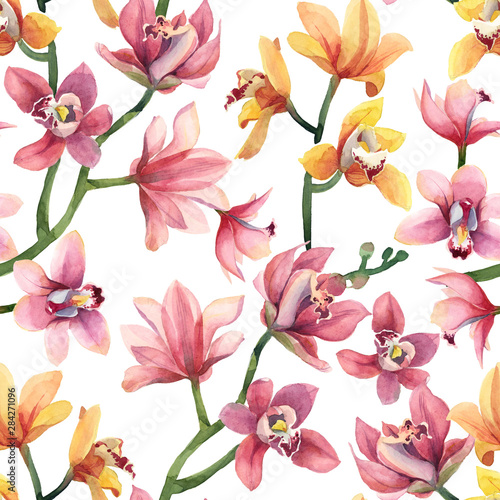 Seamless pattern of yellow, rose orchid flowers and leaves isolated on white background.