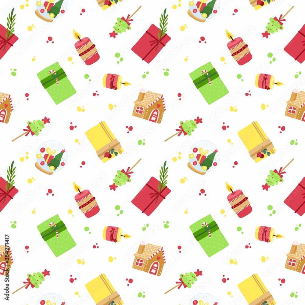 New Year holiday, fest vector seamless pattern. Candles, garlands, gift boxes, presents, gingerbread house on white background. Christmas banner, winter season wallpaper, wrapping paper design.