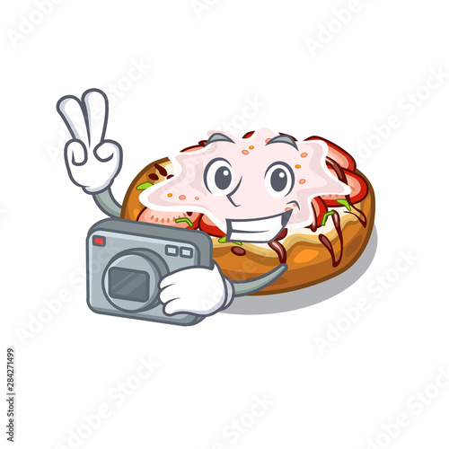 Photographer bread bruschetta above cartoon wooden table