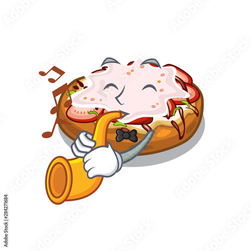 With trumpet bread bruschetta above cartoon wooden table