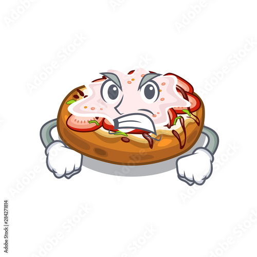 Angry bread bruschetta above cartoon wooden table
