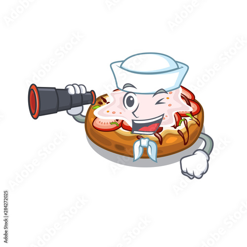 Sailor with binocular bread bruschetta above cartoon wooden table