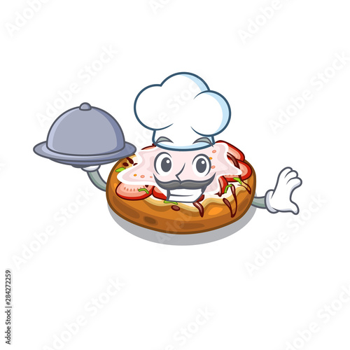 Chef with food bread bruschetta above cartoon wooden table