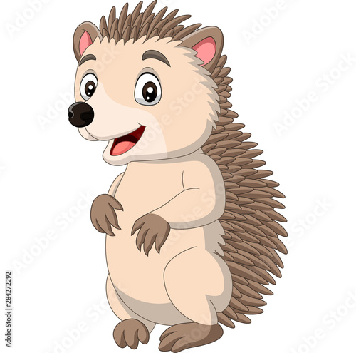 Valokuvatapetti Cartoon happy hedgehog standing on white background