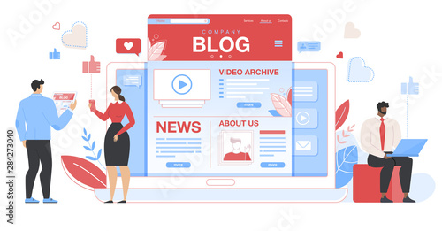 Business People around Huge Tablet with Blog Page