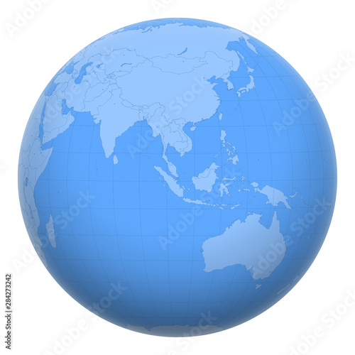 Singapore on the globe. Earth centered at the location of the Republic of Singapore. Map of Singapore. Includes layer with capital cities.