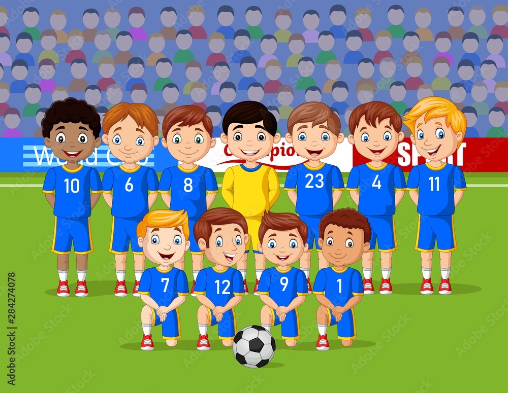 Cartoon soccer kids team at a stadium