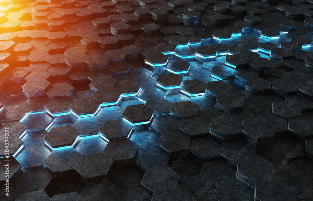 Obraz premium Black blue and orange hexagons background pattern 3D rendering