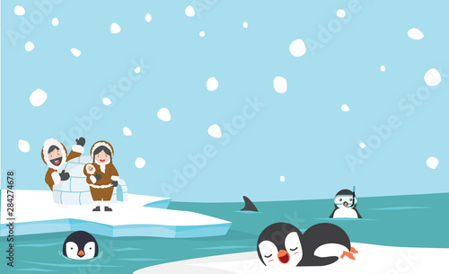 North pole eskimo igloo ice house wiht penguins background