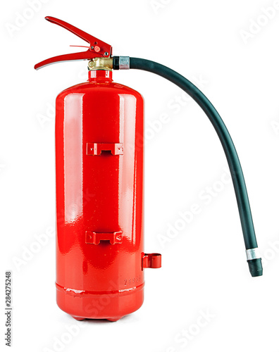 Red handheld fire extinguisher on a white background