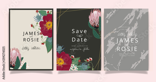 Summer Flower Wedding Invitation set, floral invite thank you, rsvp modern card Design in Pink peony and white  floral with leaf greenery  branches decorative Vector elegant rustic template