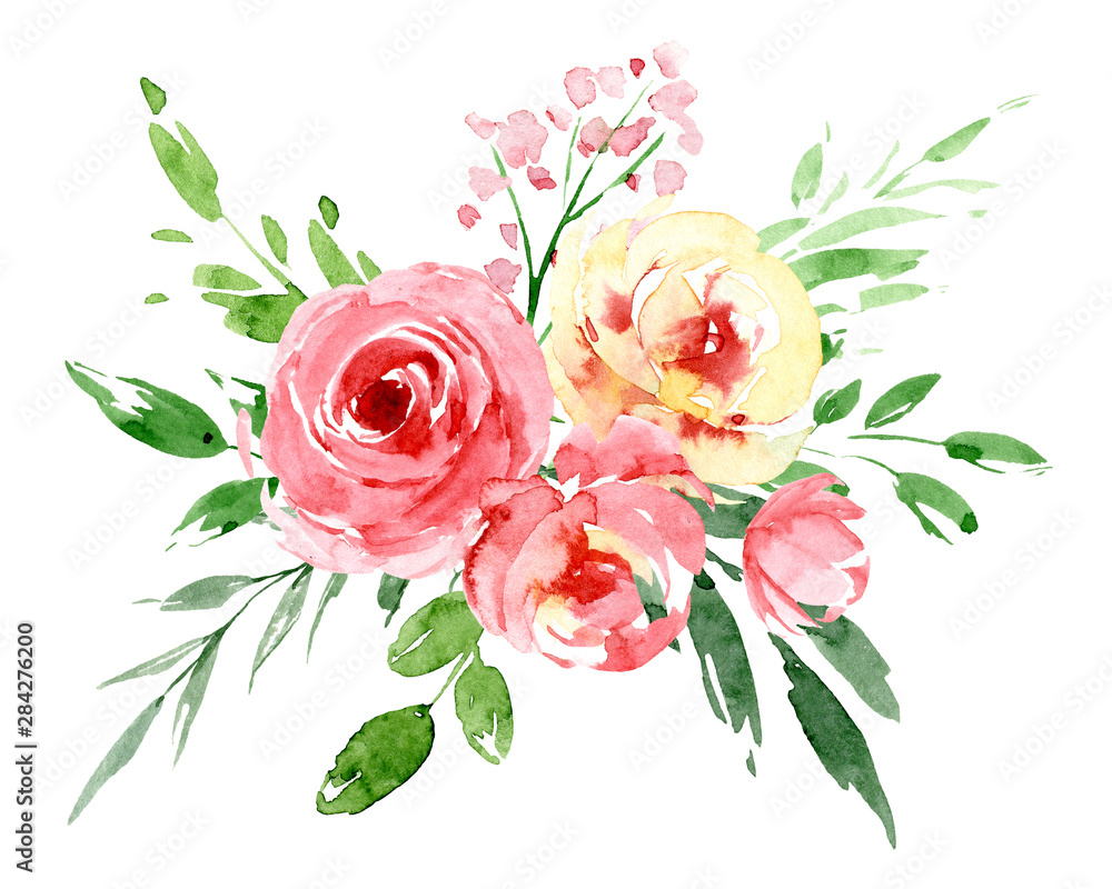 Watercolor flowers, pink roses. Floral bouquet clip art. Perfectly for printing design on invitation, card, wall art and other. Isolated on white background. Hand painted.