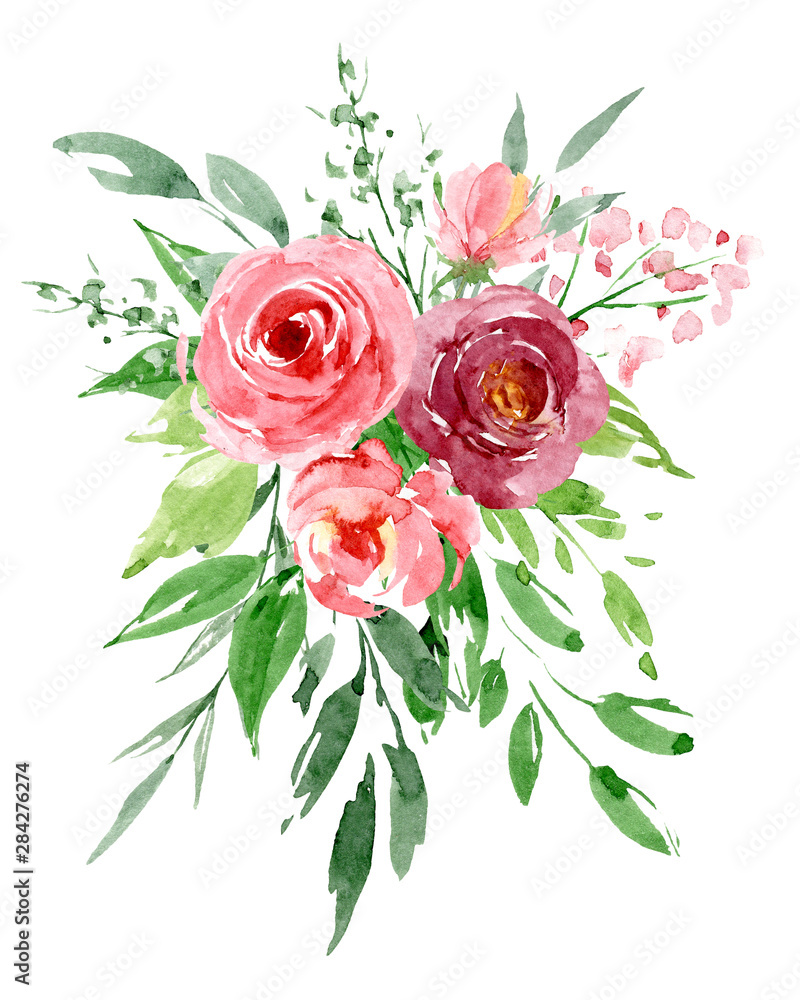 Watercolor flowers, pink roses. Floral bouquet clip art. Perfectly for ...