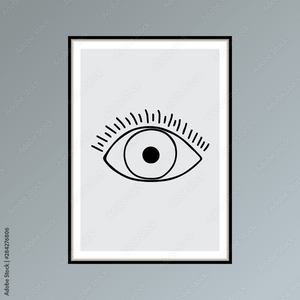 Cartoon open eye poster in shades of gray for interior decor. Cartoon open eye poster in shades of gray for interior decor.