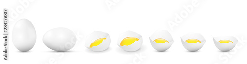 Realistic vector white eggs and broken eggs with yolk on white background