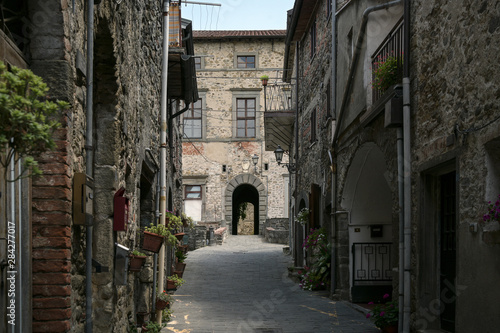 Fototapeta Naklejka Na Ścianę i Meble -  Narrow alley to the castle Malaspina in Virgoletta, a beautiful ancient mountain village, district of Villafranca in Lunigiana, Tuscany, Italy