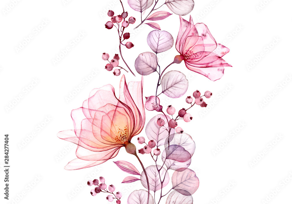 Obraz Przezroczysta róża akwarela. Bezszwowa granica pionowa kwiecista ilustracja. Na białym tle ręcznie rysowane układ z jagodami na ślub, nadruk karty papeterii
