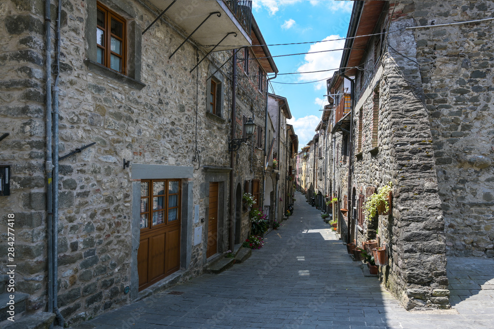 Narrow alley  with houses from field stones in Virgoletta, a beautiful ancient mountain village, district of Villafranca in Lunigiana, Tuscany, Italy