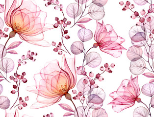 Fototapete Rosenmuster Aquarell Rosen Muster mit rosa Beeren  © Katerina Kolberg