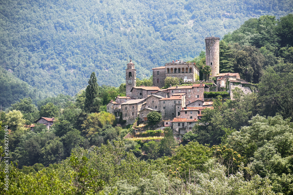 Malgrate Castle, an ancient settlement in the mountains of in Lunigiana, northwest Tuscany, Italy, copy space
