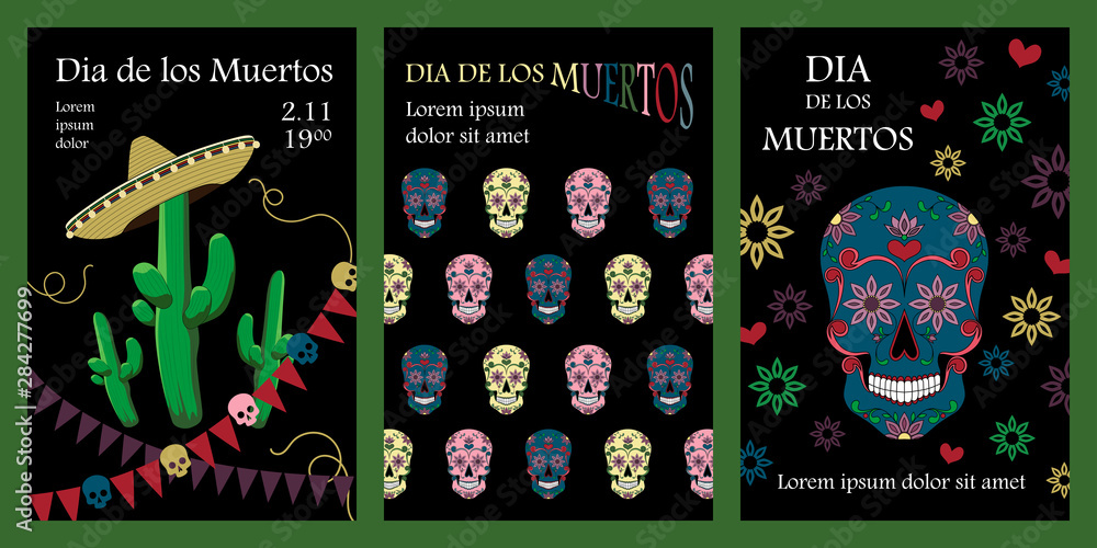 Set of vector cards for the day of the dead. Multicolored Mexican skulls, cacti. Design elements for flyer, postcard, poster, banner. Set of vector cards for the day of the dead. Multicolored Mexican skulls, cacti. Design elements for flyer, postcard, poster, banner.
