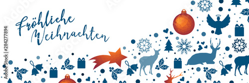 Weihnachtsbanner - blaue Weihnachtssymbole mit Polygon Akzenten und Typographie