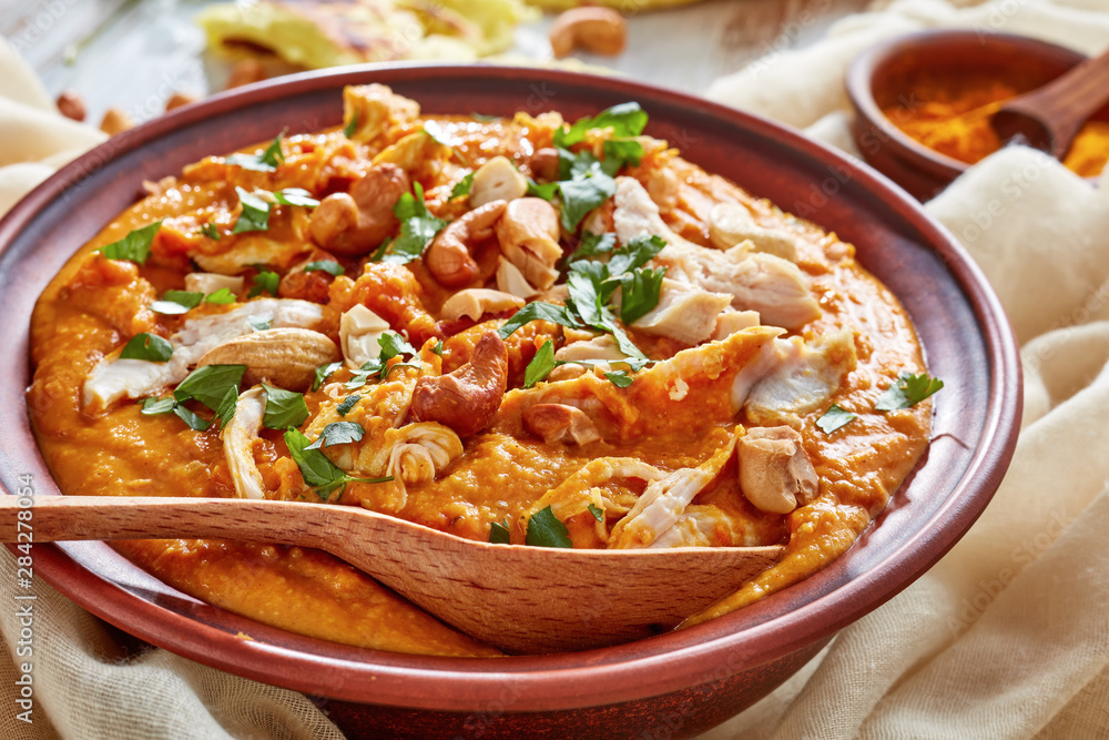 Mulligatawny soup with chicken meat, top view Mulligatawny soup with chicken meat, top view