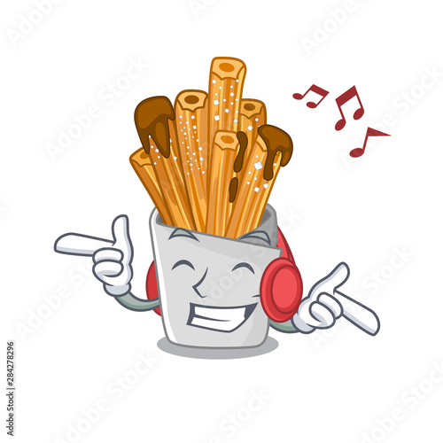 Listening music bakery churros in mascot plastic bag
