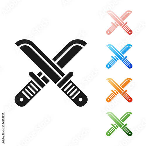 Black Crossed hunter knife icon isolated on white background. Army knife. Set icons colorful. Vector Illustration