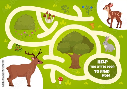 Maze game for children. Forest animals. Cartoon cute deer.