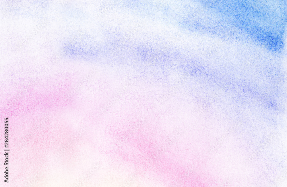 Abstract watercolor background of pastel shades. Gentle gradient from light blue to mauve color. Sunrise sky with fluffy white clouds. Hand drawn illutration with high resolution on textured paper
