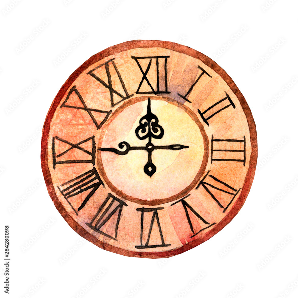 Watercolor illustration with a clock on a white background Watercolor illustration with a clock on a white background