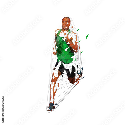 Running man, low polygonal vector illustration. Abstract geometric runner in green shirt, front view