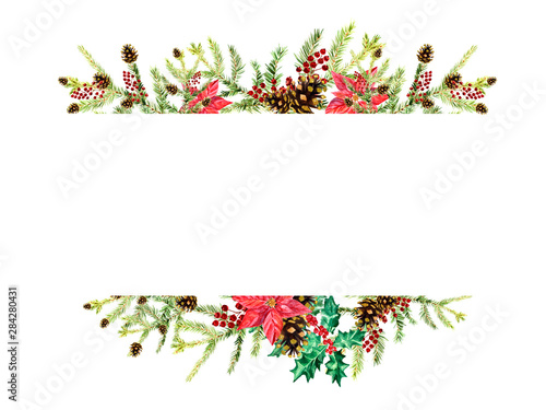 Watercolor Christmas wreath with holly, poinsettia, fir cones, red berries, fir branches