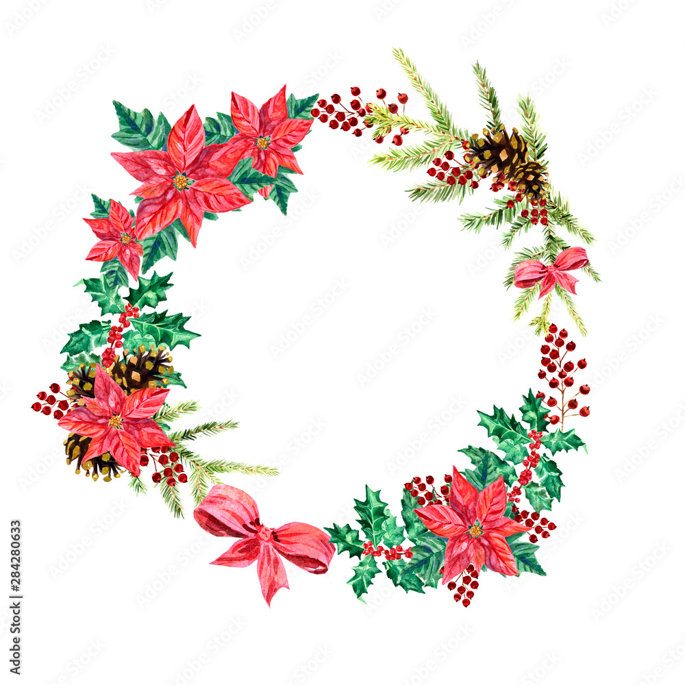 Watercolor Christmas wreath with holly, poinsettia, fir cones, red berries, fir branches Watercolor Christmas wreath with holly, poinsettia, fir cones, red berries, fir branches