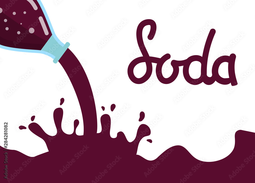 Water splash soda liquid.Bottle glass lemonade.Sparkling beverage fruit-flavored.Flat vector.