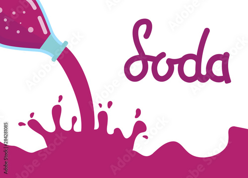 Water splash grape soda liquid.Bottle glass lemonade.Sparkling beverage fruit-flavored.Sweet water. The summer refreshing drink.Calligraphy inscription lettering.Flat vector.