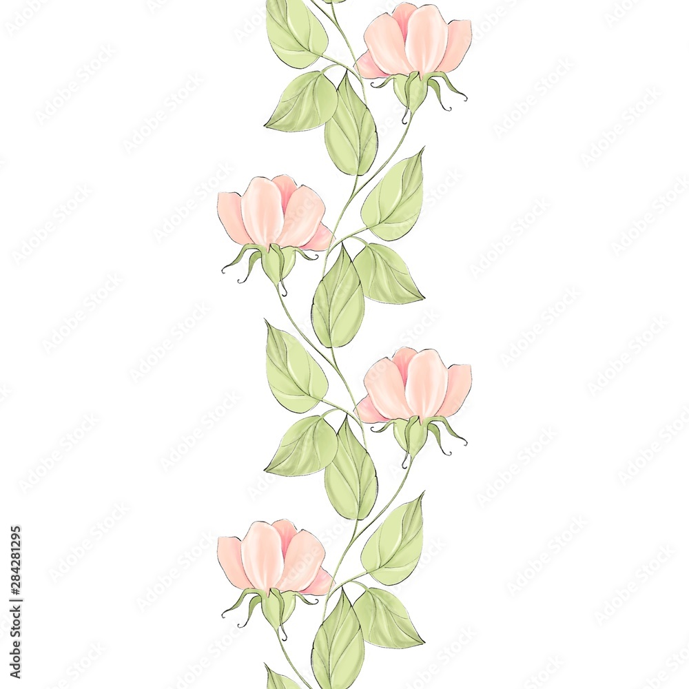 Seamless botanical border of pink roses. Pattern green leaves