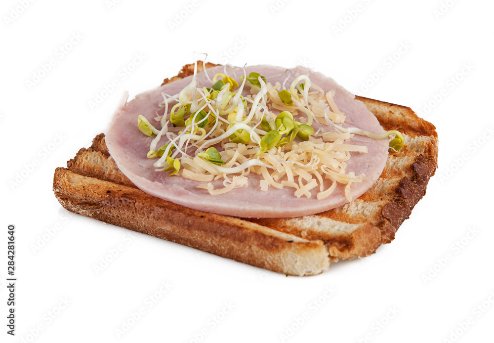 Toast with ham and sprouts on a white background (view from a different angle in the portfolio)