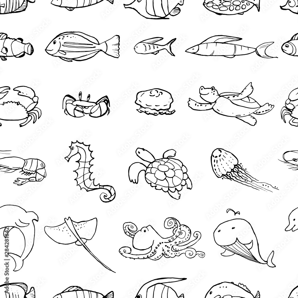 Seamless pattern of underwater life ink doodles. Sea animals and fish. Vector stock set. Cute icons. For printed materials. Ocean background. Hand drawn design elements.